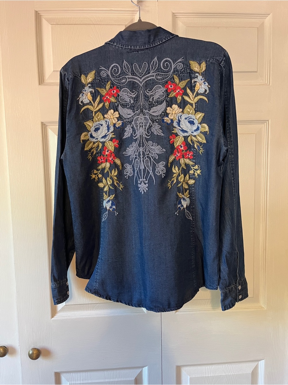 Johnny Was Hannah Denim Shirt with Multicolor Floral Embroidery - Blue - Picture 2 of 12